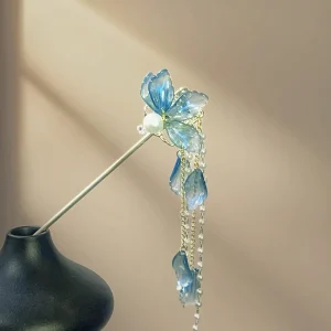 Épingle à cheveux chinoise rétro aux pétales bleus